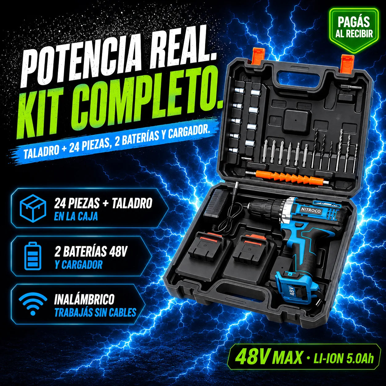 Taladro 48V NITROCO — Kit de 24 Piezas para Todo Trabajo en Casa + 1 Batería de Regalo