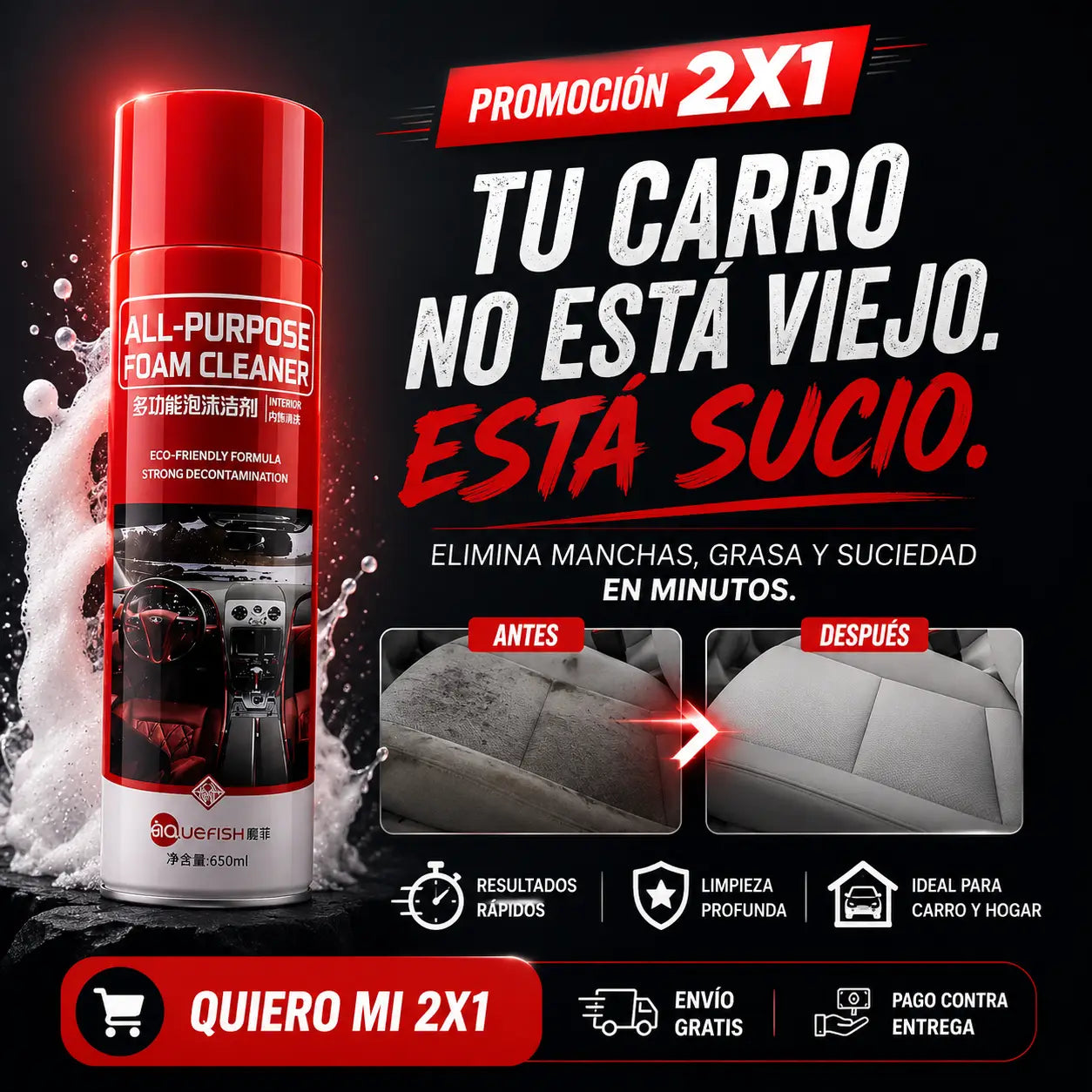 2x1 Espuma Limpiadora | Limpia, Renueva y Recupera el Aspecto Original de Tu Carro y Tu Hogar