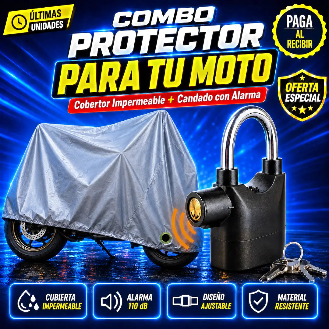 COMBO PROTEGEMAX MOTO | Cobertor Impermeable + Candado con Alarma de Seguridad
