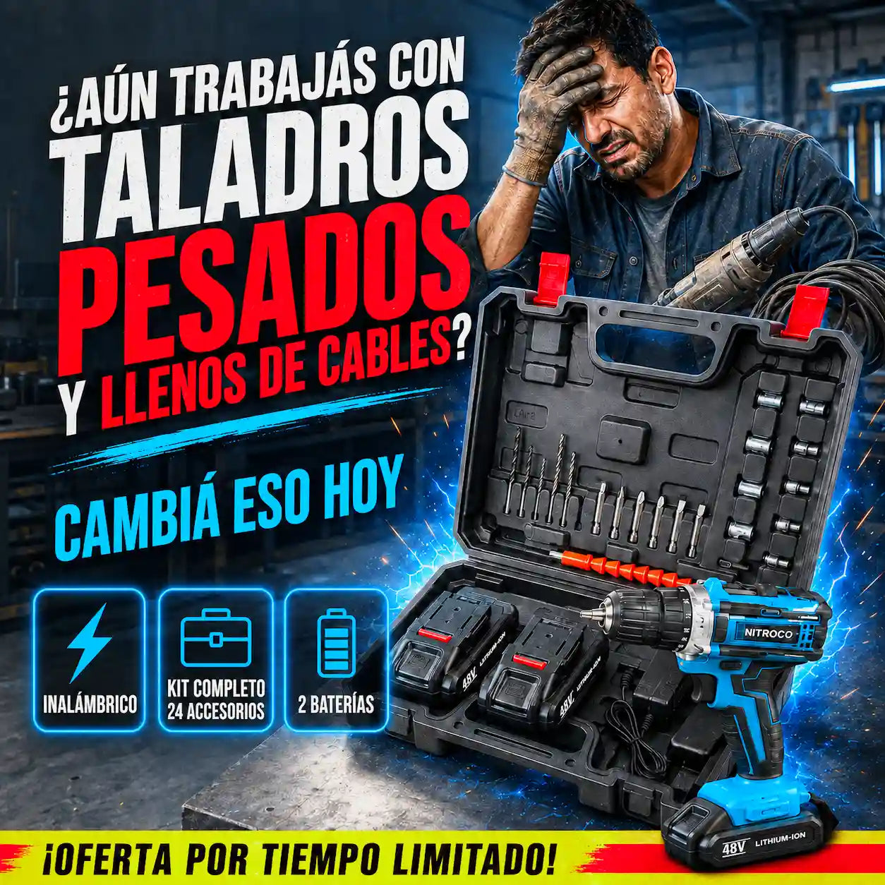 Taladro Inalabrico Profesional 48V— Sin Cables +  Kit de 24 Piezas + 2 Baterias