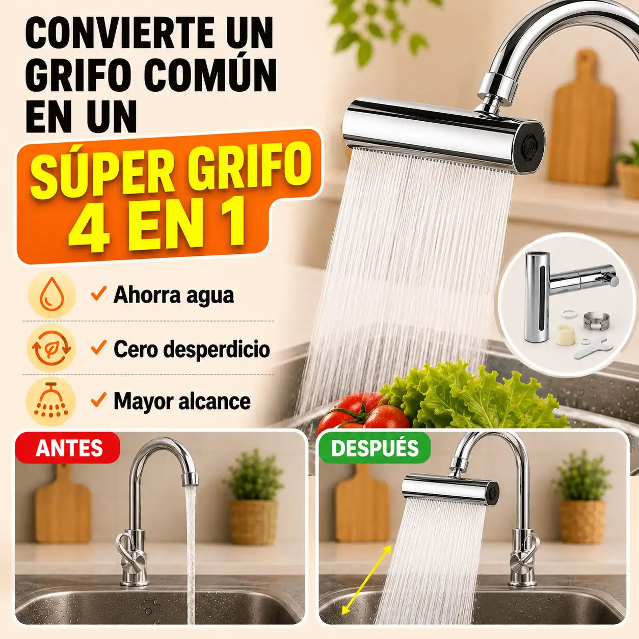 EXTENSOR DE GRIFO 360° 4 EN 1 | AHORRADOR INTELIGENTE DE AGUA