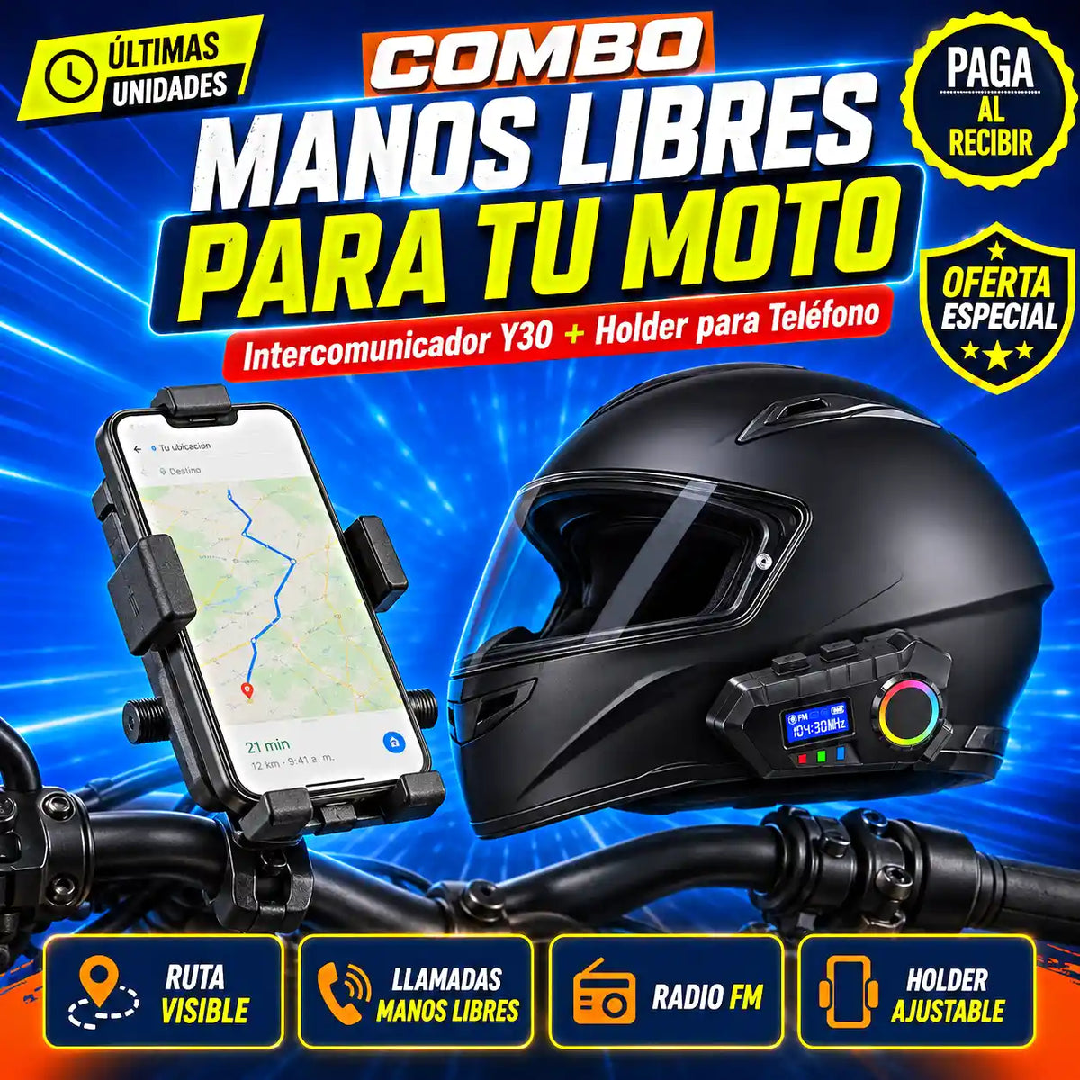 COMBO MANOS LIBRES PARA MOTOS | Intercomunicador Y30 + Holder para Teléfono
