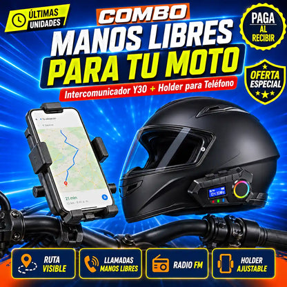 COMBO MANOS LIBRES PARA MOTOS | Intercomunicador Y30 + Holder para Teléfono
