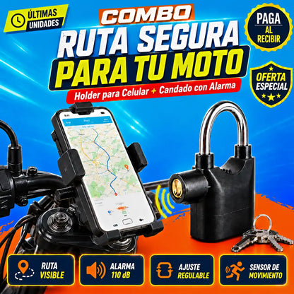 COMBO RUTA SEGURA MOTO | Holder para Celular + Candado Antirrobo con Alarma